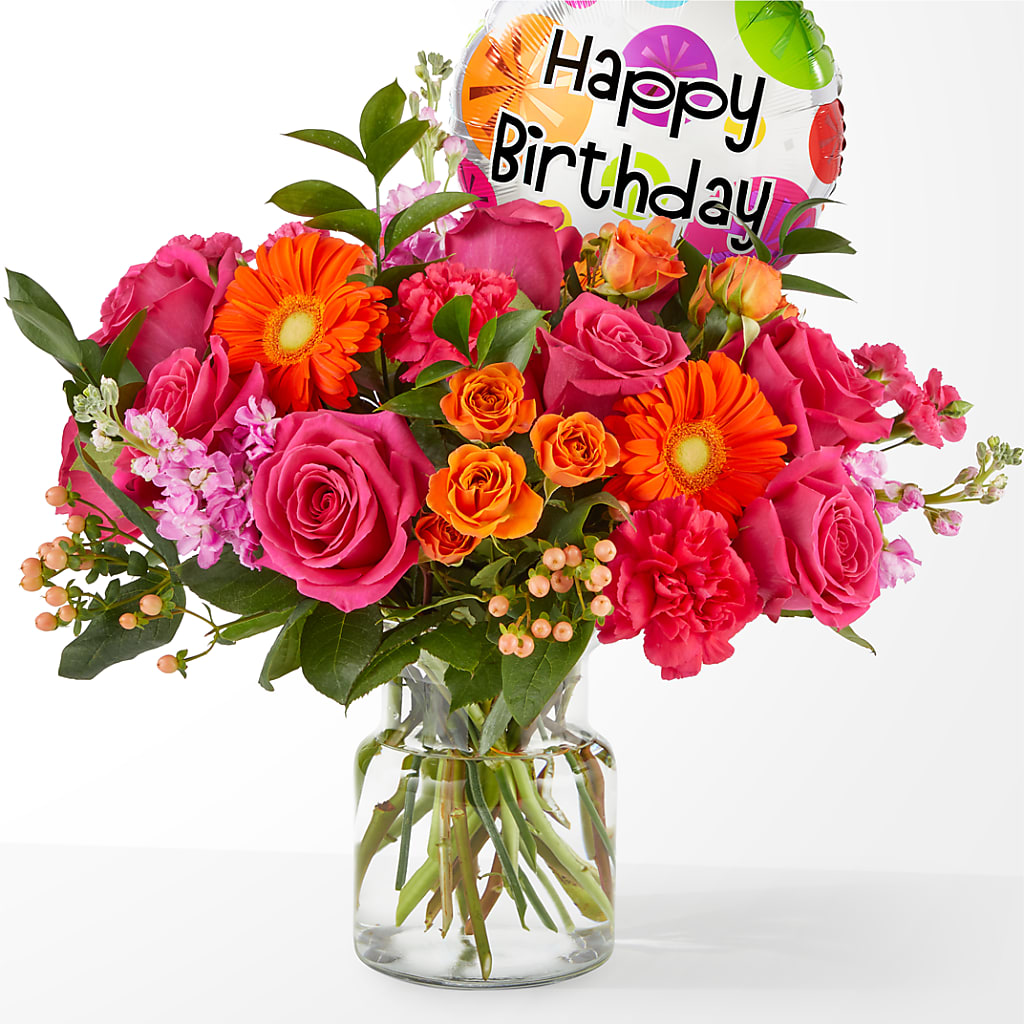 Fiesta Bouquet with Birthday Balloon – Awesome Blossom Florist, San Antonio TX