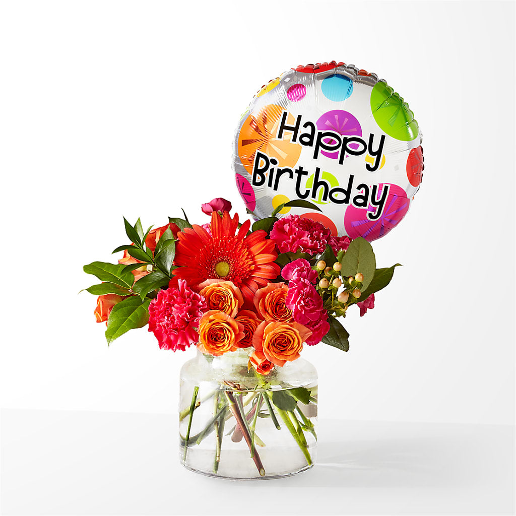 Fiesta Bouquet with Birthday Balloon – Awesome Blossom Florist, San Antonio TX