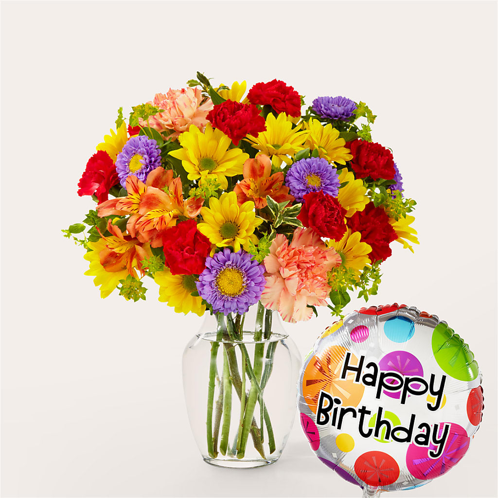 Kaleidoscope Bouquet with Birthday Balloon – Awesome Blossom Florist, San Antonio TX