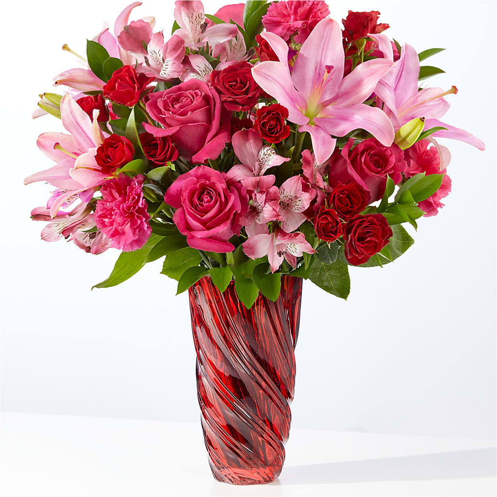 In Love Bouquet with Luxe Swirl Vase – Awesome Blossom Florist, San Antonio TX