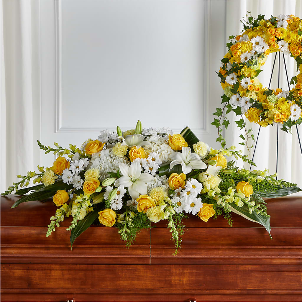 Golden Harmony Casket Spray – Awesome Blossom Florist, San Antonio TX