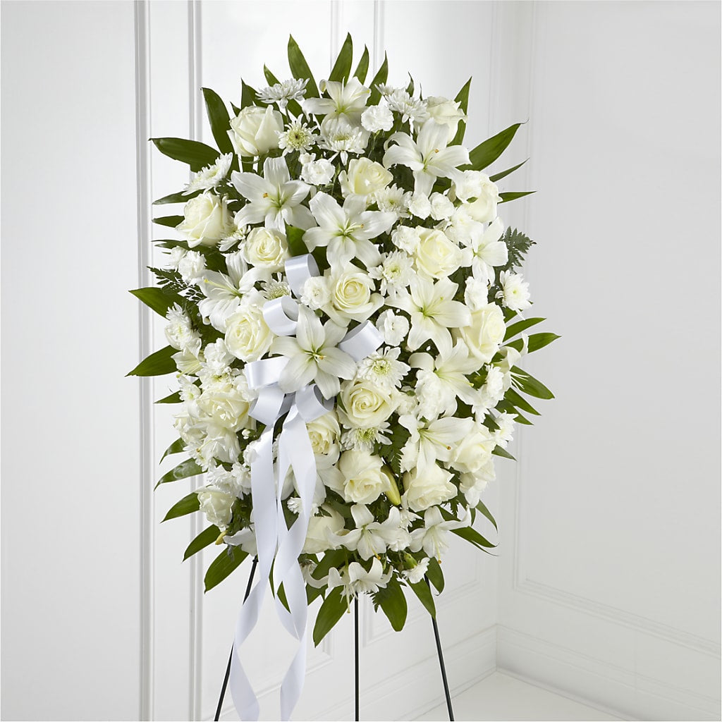 Exquisite Tribute Standing Spray-White Ribbon – Awesome Blossom Florist, San Antonio TX