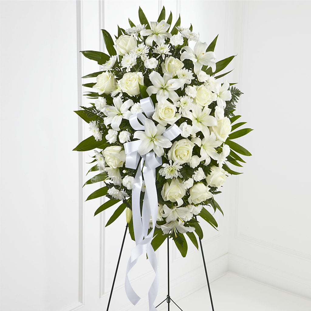 Exquisite Tribute Standing Spray-White Ribbon – Awesome Blossom Florist, San Antonio TX