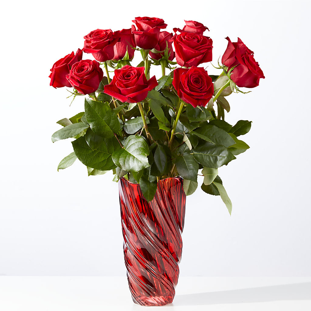 Classic Love Red Rose Bouquet with Luxe Swirl Vase – Awesome Blossom Florist, San Antonio TX