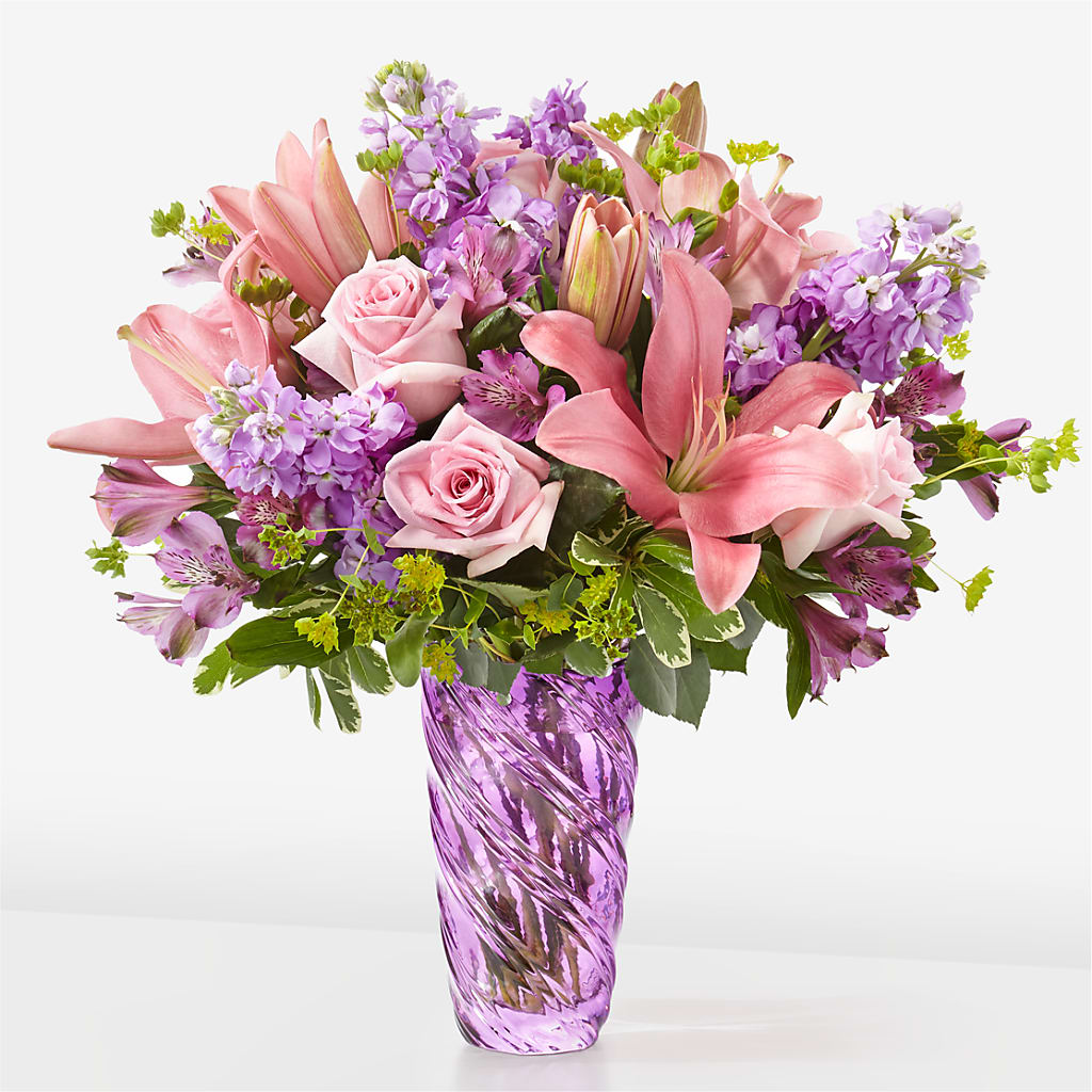 Precious Petals Bouquet with Luxe Swirl Vase – Awesome Blossom Florist, San Antonio TX