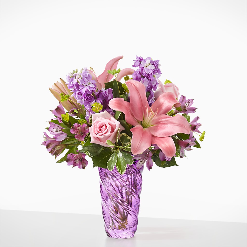Precious Petals Bouquet with Luxe Swirl Vase – Awesome Blossom Florist, San Antonio TX