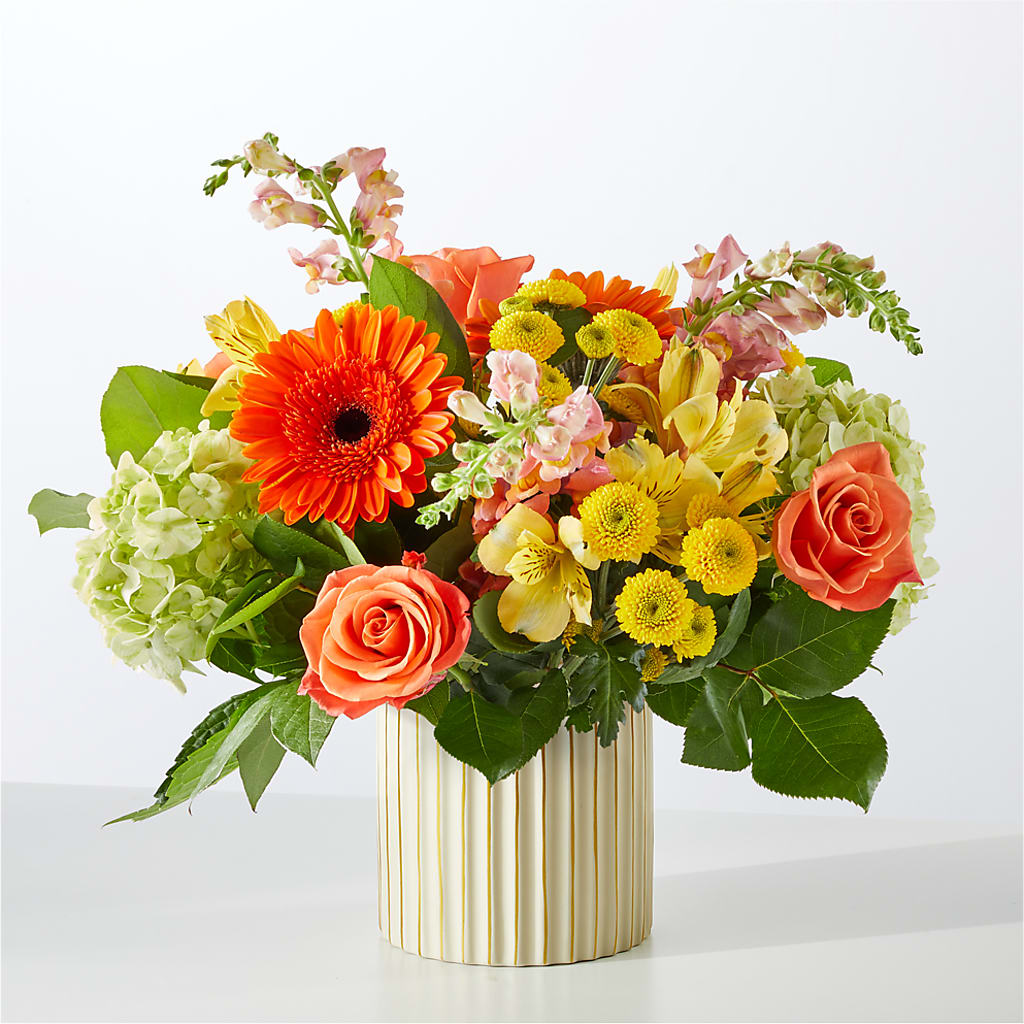 Autumn Sunshine Bouquet with Ivory Vase –  Awesome Blossom Florist, San Antonio TX